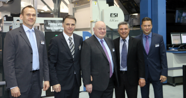 At drupa, from left: Andreas Friedrich, KBA China; Claudio Bisogni, CEO KBA-Flexotecnica; Dave Lewis and Peter Stewart KBA Australasia; and Stefan Segger, KBA AsiaPacific