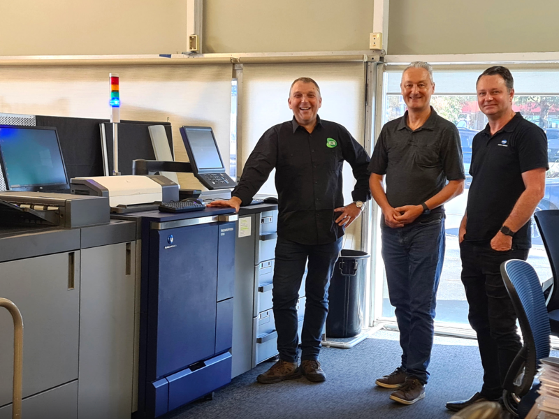 From left: Printcraft managing director Peter Watson; Gary Brown, prepress and digital print specialist; and Adam Hawkes, account manager for Konica Minolta New Zealand with the AccurioPress C7100